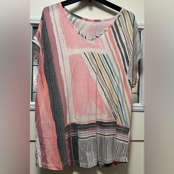 Coral Bay Tee Shirt. Pink Black Abstract Cap Sleeve (387) - Picture 1 of 2